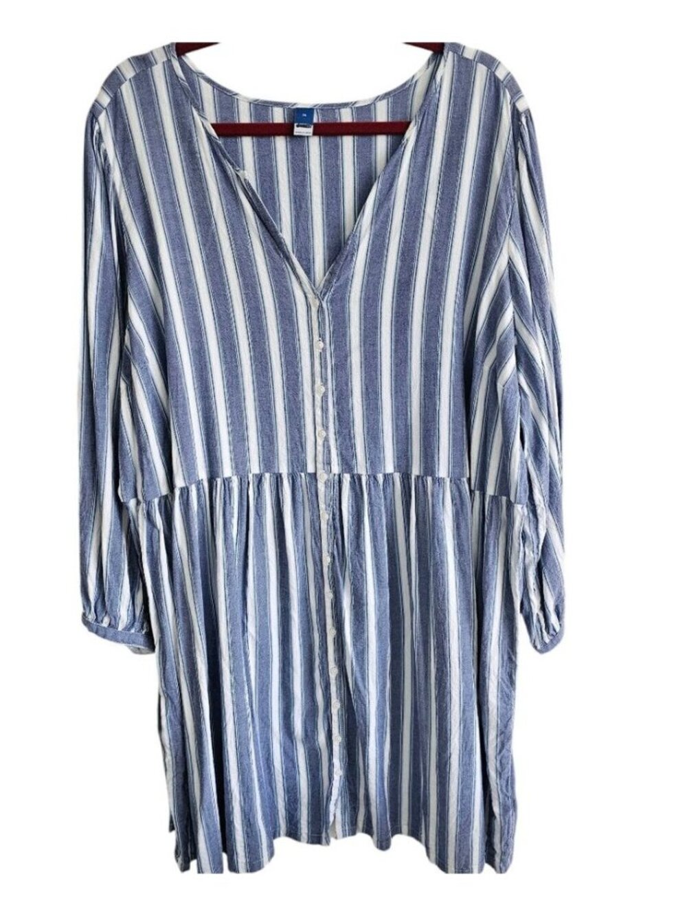 Peasant Blue White Cotton Stripe Button Down Long Sleeve  Midi Dress